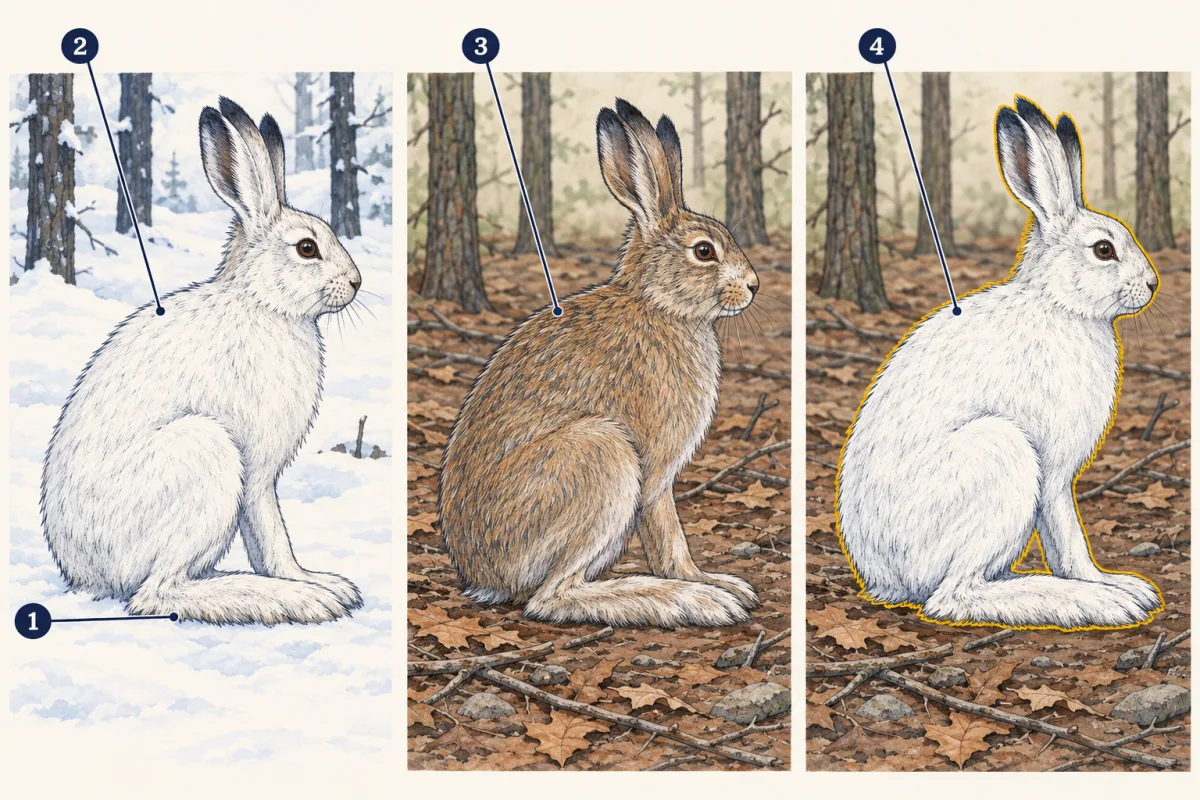 AI-generated illustration: three panels of a snowshoe hare. A white hare with large furry back feet sits on snow; a brown hare sits on brown forest ground; and the same white hare sits on bare brown ground where it stands out. Four numbered circles mark the parts.