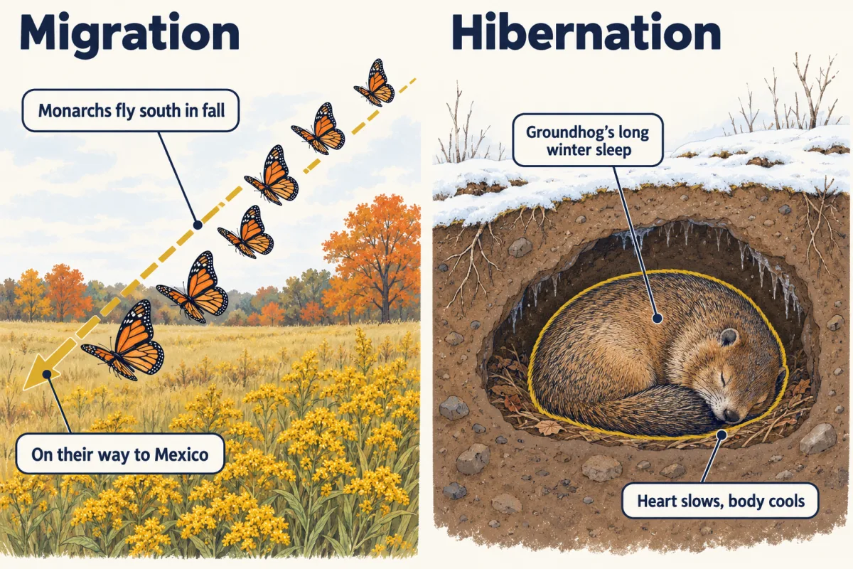 AI-generated illustration: two panels. On the left, a line of monarch butterflies flies across a fall field along a dashed arrow; on the right, a groundhog lies curled asleep in a burrow under a snowy hillside.