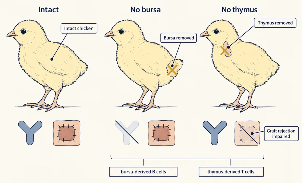AI-generated illustration: three chickens in a row labelled intact, bursa removed and thymus removed. Under each, an antibody icon and a skin graft icon show that losing the bursa lowers antibody while grafts are still rejected, and losing the thymus impairs graft rejection.