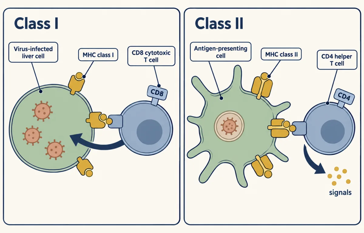AI-generated illustration: two panels. Left, a virus-infected liver cell shows viral peptide on MHC class I blocks and is touched by a CD8 cytotoxic T cell. Right, an antigen-presenting cell shows peptide on MHC class II blocks and is touched by a CD4 helper T cell.
