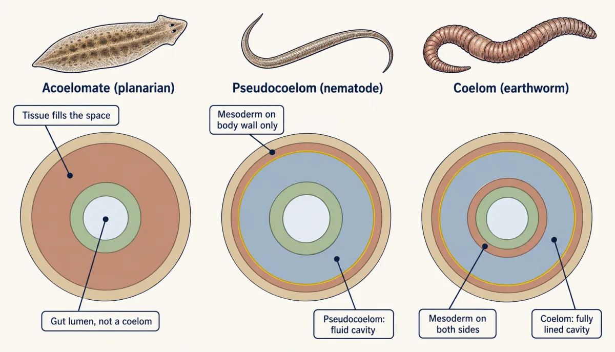 AI-generated illustration: three flat round body cross-section diagrams in a row. In the acoelomate planarian, tissue fills the space between body wall and gut. In the nematode pseudocoelom, a fluid-filled cavity is lined by mesoderm only on the body-wall side. In the earthworm coelom, a fluid-filled cavity is lined by mesoderm on both sides. Each has a small open gut lumen at the centre.