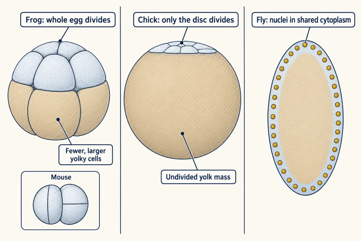 AI-generated illustration: three eggs side by side at early cleavage. A frog egg is divided completely, with smaller cells on top and fewer larger yolky cells below; a chick egg has an undivided yolk mass with a small divided disc of cells on top; a fly egg has nuclei lined up at its surface in shared cytoplasm. A small inset shows two mouse cells dividing at right angles.