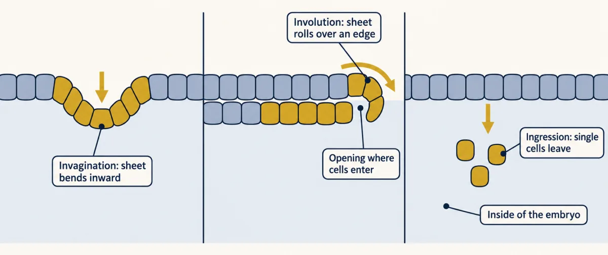 AI-generated illustration: three side-on diagrams of a sheet of cells. In the first the sheet bends inward into a pocket, in the second it rolls over an edge and runs back beneath itself, and in the third a few single cells leave the sheet and move inward.