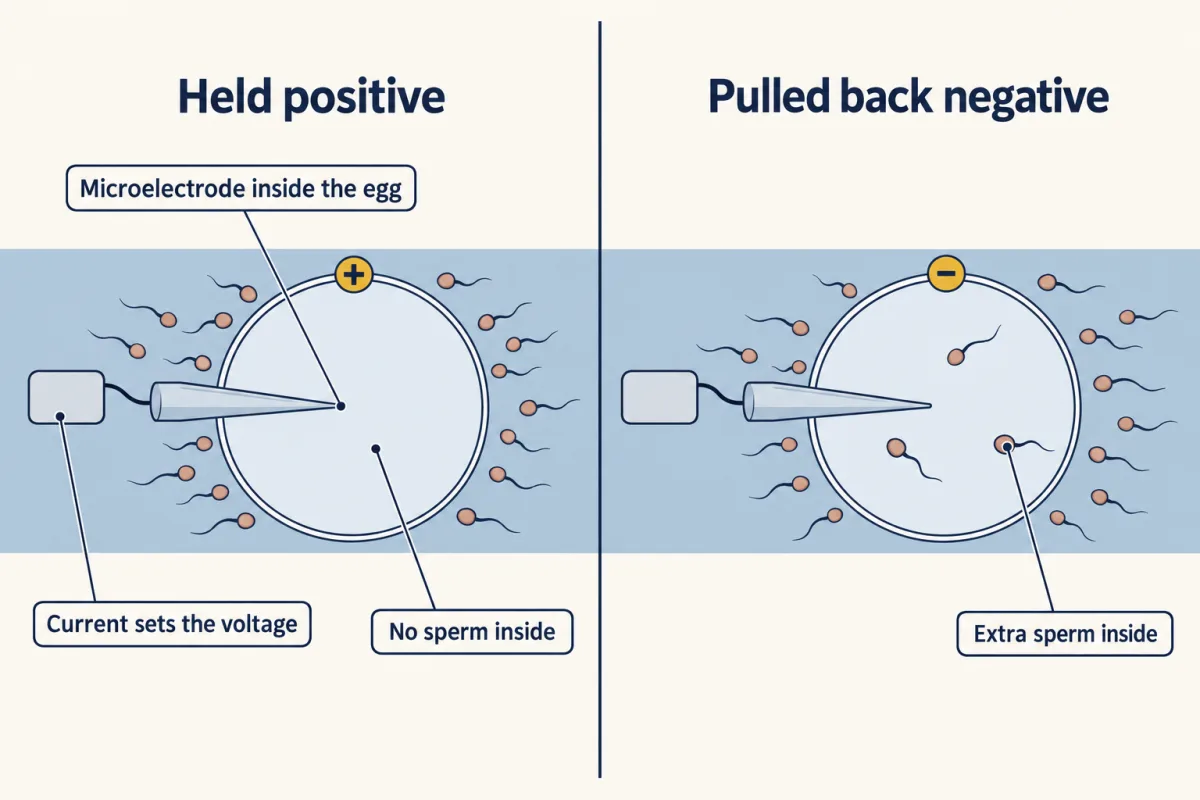 AI-generated illustration: two copies of a sea urchin egg with a fine electrode inside. On the left the egg is marked plus and sperm gather around it but none has entered; on the right it is marked minus and two or three sperm are inside.