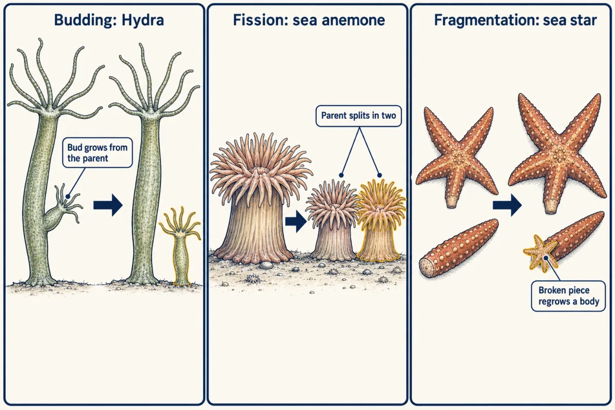 AI-generated illustration: three before-and-after panels. A hydra grows a small bud from its side that becomes a new gold-outlined polyp. A sea anemone splits into two smaller anemones. A sea star's broken-off arm regrows into a small new star.