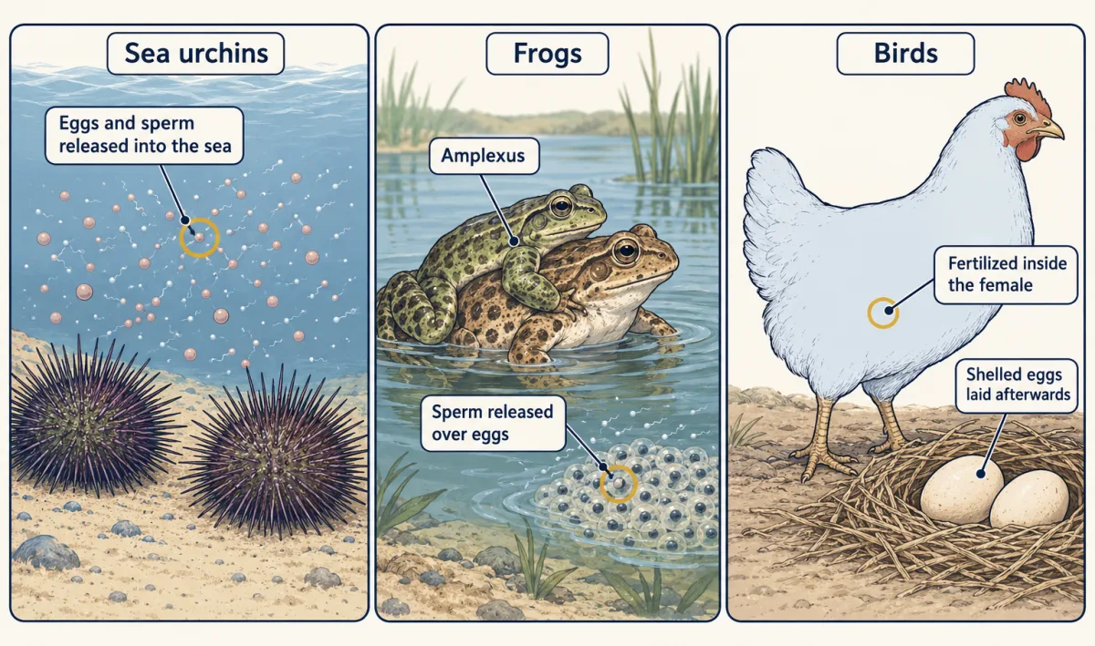 AI-generated illustration: three panels. Sea urchins on the sea floor release tiny eggs and sperm into open water. A male frog clasps a female at a pond edge while eggs are laid and sperm drift over them. A hen stands by a nest of shelled eggs, with a gold mark inside her body outline showing where fertilization happened.