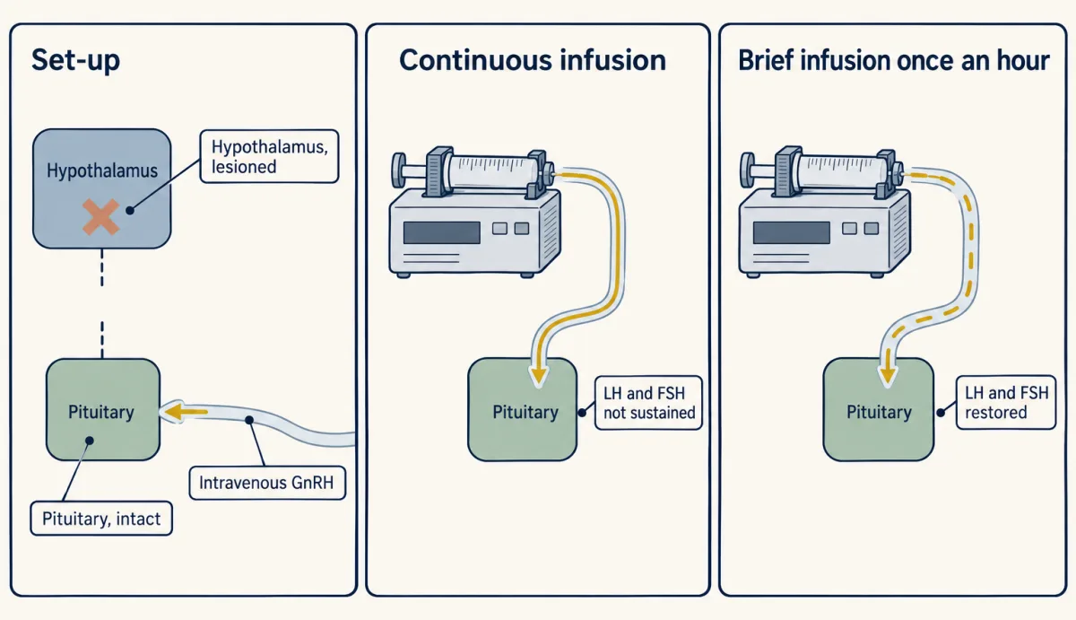AI-generated illustration: three panels. The first shows a lesioned hypothalamus block with a broken link to an intact pituitary block and a tube bringing GnRH. The second shows a steady unbroken gold stream from a pump into the pituitary, labelled as not sustaining LH and FSH. The third shows the same pump delivering separate short gold bursts, labelled as restoring LH and FSH.