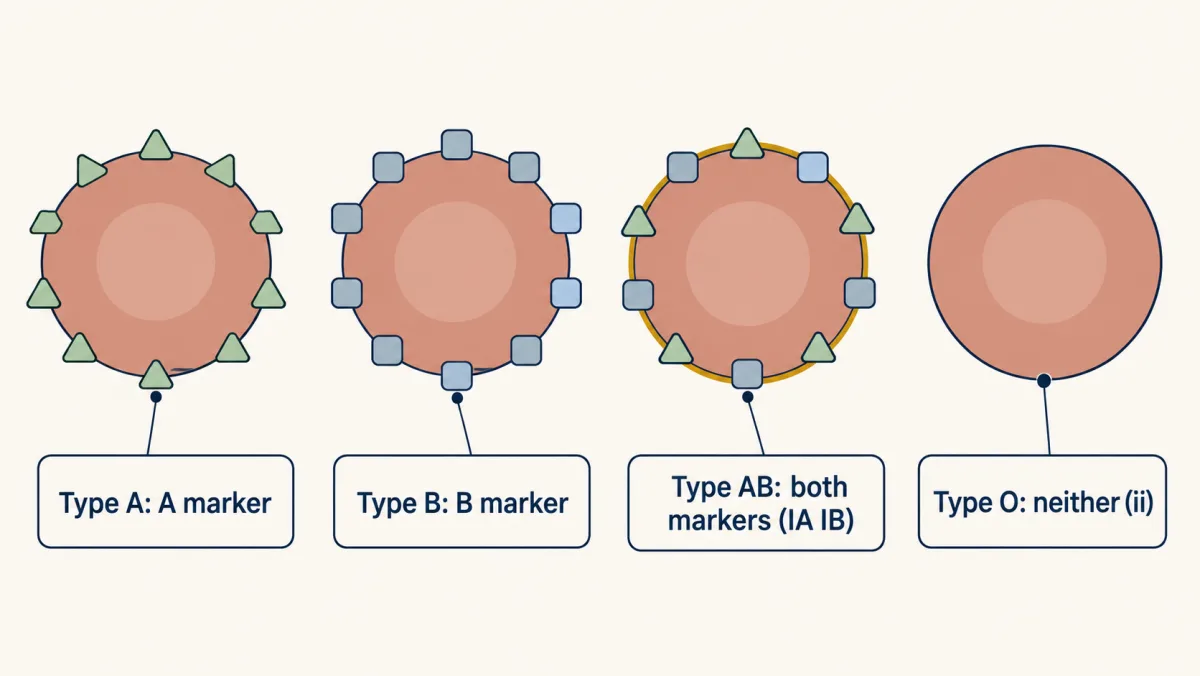 AI-generated illustration: four red blood cells. The first carries triangle-shaped A markers, the second square-shaped B markers, the third both kinds, and the fourth none.
