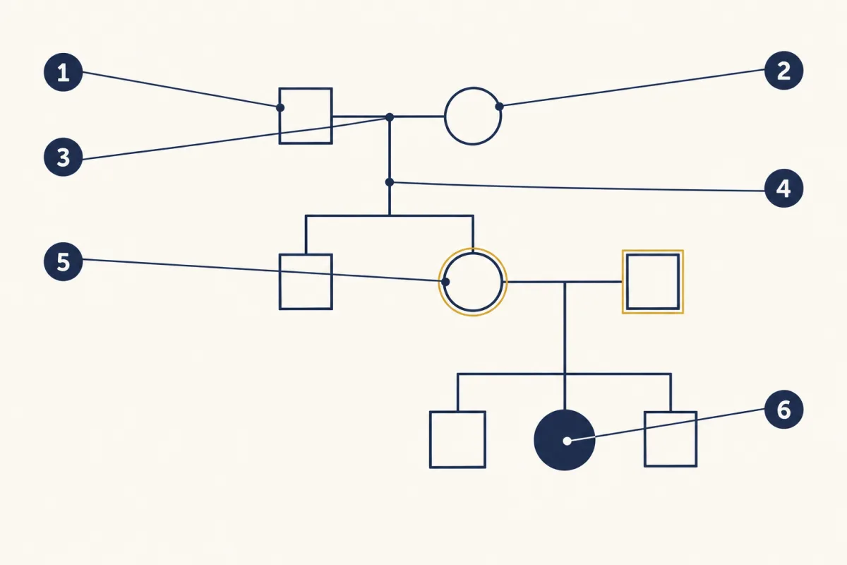AI-generated illustration: a three-generation family chart of squares and circles joined by horizontal partner lines and vertical lines to children. In the bottom generation one circle is shaded; her parents are both unshaded. Six numbered circles mark the symbols and lines.