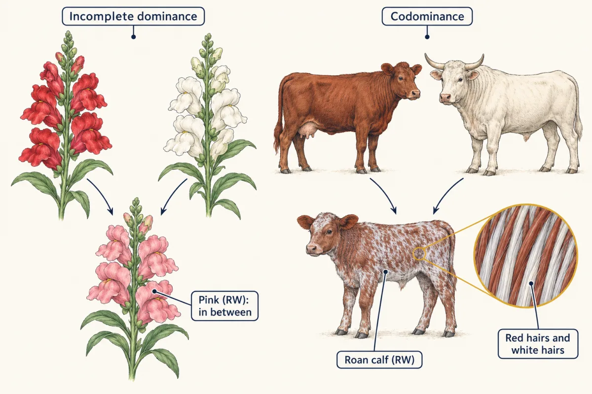 AI-generated illustration: on the left, a red snapdragon and a white snapdragon with a pink-flowered offspring; on the right, a red Shorthorn cow and a white bull with a roan calf, and a zoom on the calf's coat showing red hairs and white hairs growing side by side.