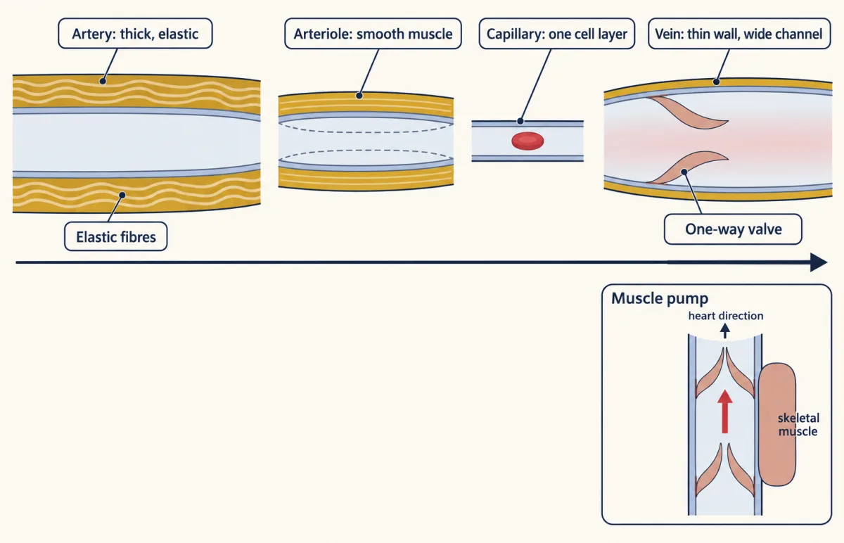 AI-generated illustration: four flat schematic vessel segments in a row. A thick-walled artery with muscle and elastic fibres, a narrow muscular arteriole, a capillary with a one-cell wall, and a wide thin-walled vein with valves. An inset shows a vein with valves being squeezed by muscle, pushing blood toward the heart.