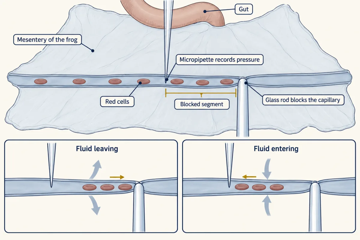 AI-generated illustration: a thin transparent sheet of frog mesentery beside a loop of gut, with one capillary pierced from above by a fine glass pipette and pinched shut at one end by a glass rod. Two insets show red cells in the blocked segment drifting toward the block when fluid leaves the wall and away from it when fluid enters.