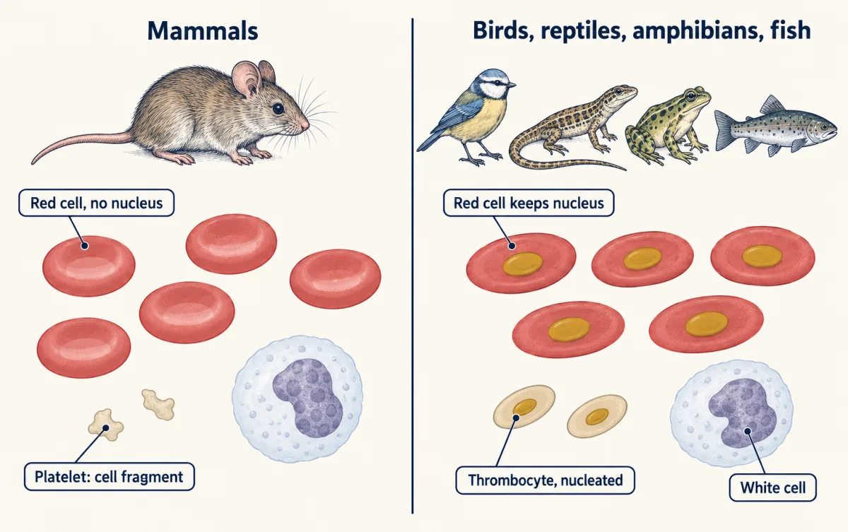 AI-generated illustration: two halves compare blood cells. In mammals, red cells have no nucleus and platelets are small fragments. In birds, reptiles, amphibians and fish, oval red cells each have a visible nucleus and small nucleated thrombocytes replace platelets.