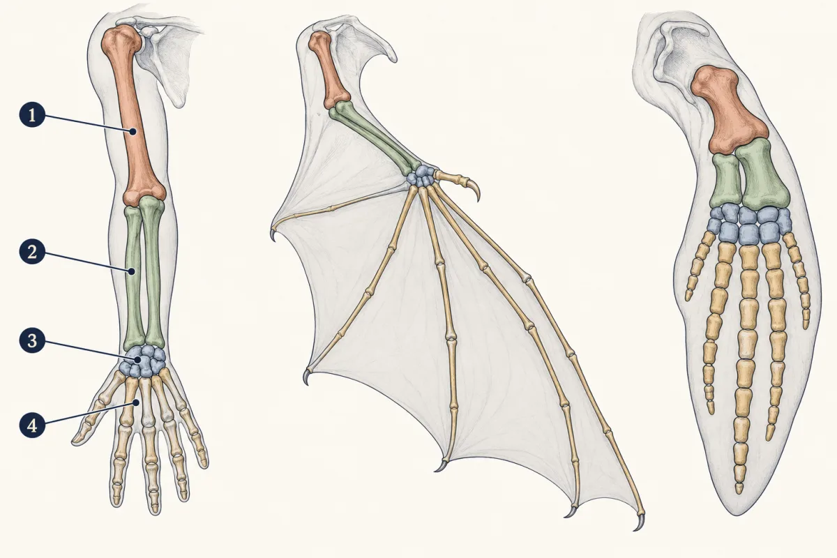 AI-generated illustration: the forelimb bones of a human arm, a bat wing and a whale flipper side by side, with matching bones shaded the same colour in all three. Four numbered circles point to the bone sets on the human arm.