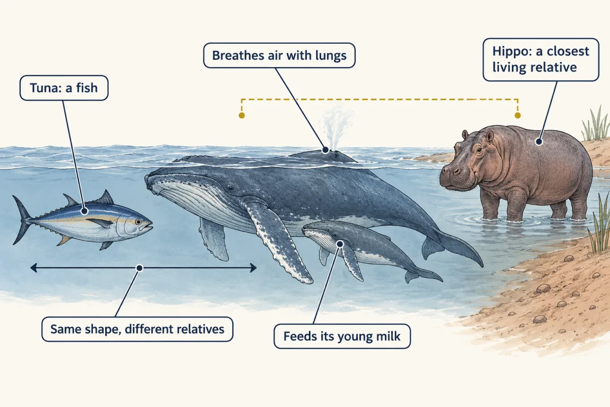 AI-generated illustration: a tuna and a whale with its calf swimming in the sea, the whale breathing at the surface, and a hippo standing in a river nearby, with a dashed bracket grouping the whale and the hippo.