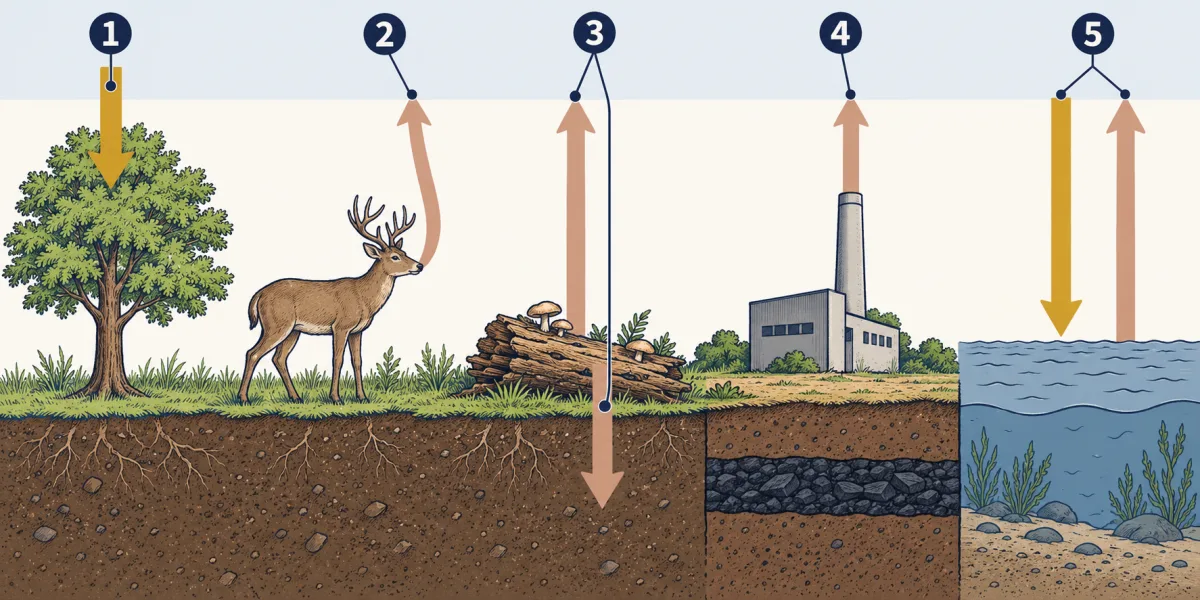 AI-generated illustration: a landscape under a band of air. From left to right: a tree, a deer, a rotting log, a power plant with coal underground, and the ocean. Arrows show carbon moving between each one and the air: down into the tree, up from the deer, up and down from the log, up from the smokestack, and both ways at the ocean surface. Five numbered circles point to the arrows.