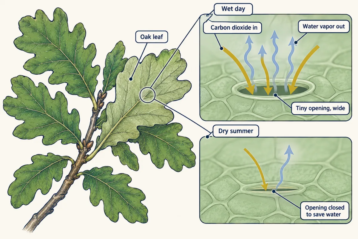 AI-generated illustration: an oak branch with a zoom circle on one leaf. Two close-ups of the leaf surface: on a wet day a tiny opening is wide, with three arrows of water vapor going out and three arrows of carbon dioxide going in; in a dry summer the opening is nearly closed, with one thin arrow each way.