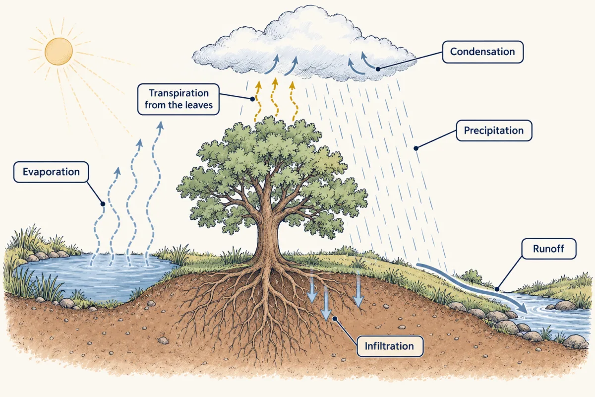 AI-generated illustration: a pond, a large oak with roots in the soil, and a slope down to a stream under a rain cloud. Arrows show water evaporating from the pond, leaving the oak's leaves as vapor, condensing into the cloud, falling as rain, soaking into the soil and running over the slope into the stream.