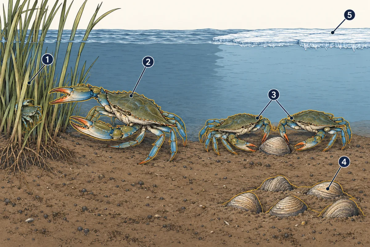 AI-generated illustration: a cut-away of a shallow winter creek. A small young blue crab hides in marsh grass at the left, a large adult crab reaches toward it, two medium crabs face the same clam, clams sit in the mud, and thin ice covers the water at the right. Five numbered circles mark these parts.
