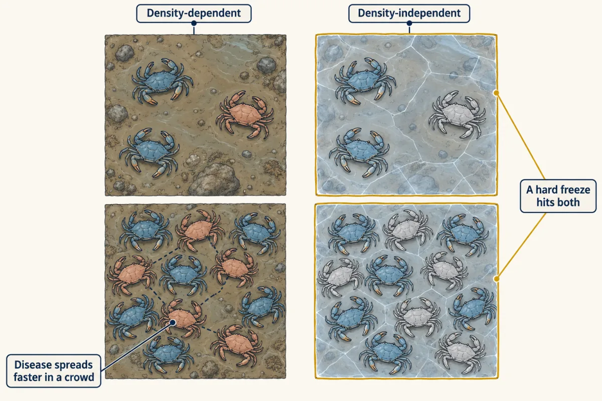 AI-generated illustration: two pairs of tiles of creek bottom seen from above. On the left, disease spreads among many crabs in a crowded tile but only one crab is sick in a sparse tile. On the right, the same sparse and crowded tiles both lie under thin ice, and crabs are lost in each.