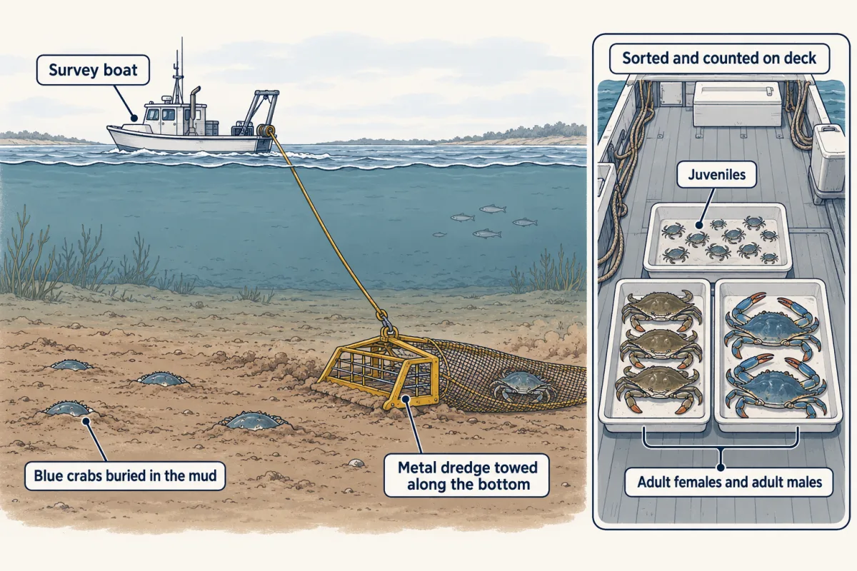 AI-generated illustration: a work boat in winter tows a metal dredge along the muddy Bay floor, where blue crabs lie buried with only their shells showing. An inset shows crabs sorted into a tray of small juveniles and trays of adults on deck.