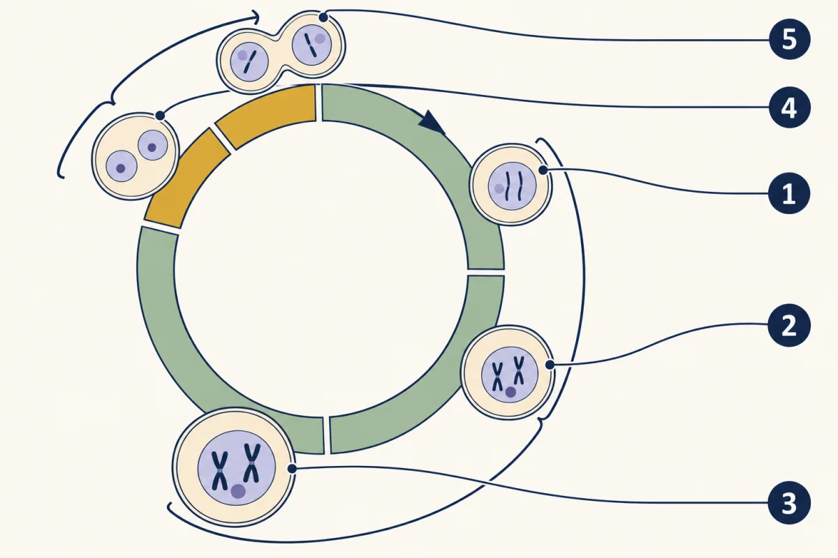 AI-generated illustration: a ring split into three broad green arcs and two narrow gold arcs running clockwise, each with a small cell icon: a small cell, a cell with doubled chromosomes, a larger cell, a cell with two nuclei, and a cell pinching into two. Five numbered circles mark the stages for the student to name.
