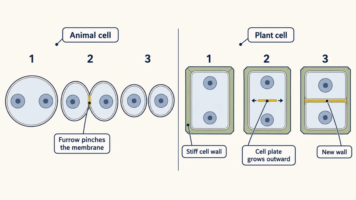 AI-generated illustration: two rows of three frames. An animal cell is pinched in the middle by a ring until it splits into two; a plant cell inside a stiff wall forms a plate in its middle that grows outward until it becomes a new wall.