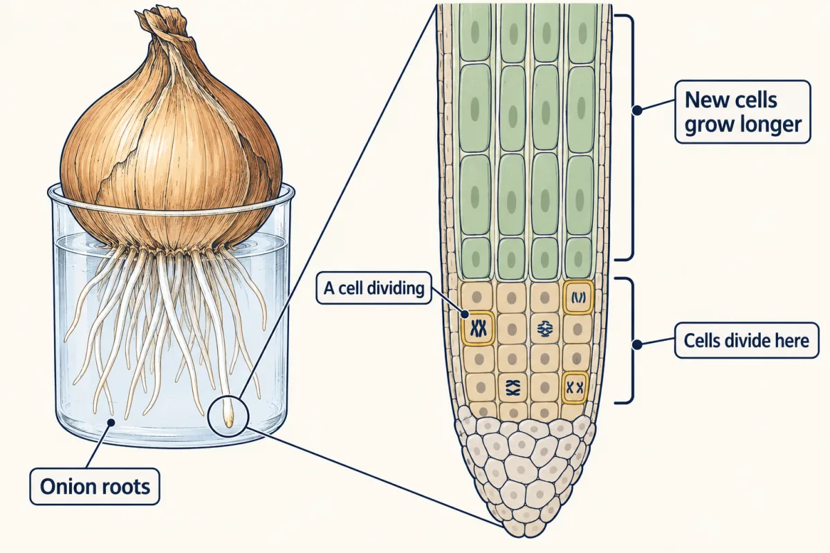 AI-generated illustration: an onion bulb with roots, and a zoomed section of one root tip with small square cells near the tip, some dividing, and longer, stretched cells just behind them.