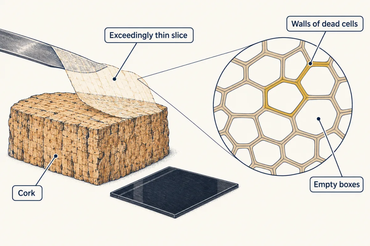AI-generated illustration: a piece of cork with an exceedingly thin slice being lifted off, and a magnified circular view of the slice showing rows of empty, walled boxes like a honeycomb.