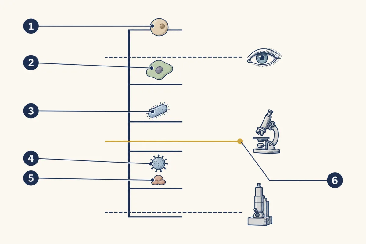 AI-generated illustration: a ladder of seven equally spaced rungs, each a tenth of the one above, with small icons of a frog egg, a cheek cell, a bacterium, a virus and a ribosome placed down it, and three horizontal lines marking the limits of the eye, the light microscope (gold) and the electron microscope. Six numbered circles mark items for the student to name.
