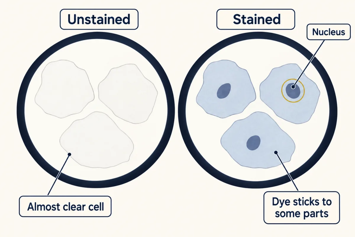 AI-generated illustration: the same three cheek-type cells in a microscope field, first unstained and almost invisible, then stained so the cells are tinted and each nucleus shows as a dark oval.