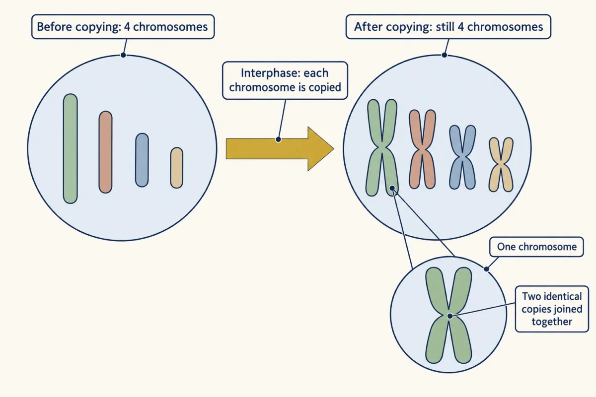 AI-generated illustration: a nucleus with four single coloured chromosomes, an arrow, and the same nucleus after copying, now with four X-shaped chromosomes, each made of two identical copies joined in the middle. A zoom shows one copied chromosome.
