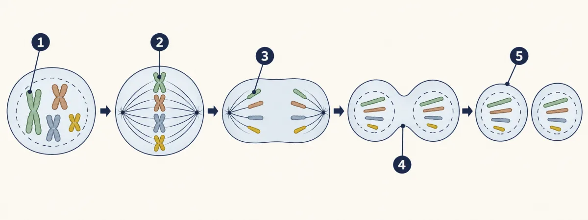 AI-generated illustration: one round cell shown in five numbered steps from left to right. Its four coloured chromosomes, each copied into two joined copies, first coil up, then line up across the middle, then have their copies pulled to opposite ends, then the cell pinches in two, ending as two cells that each hold four chromosomes, one of each colour.