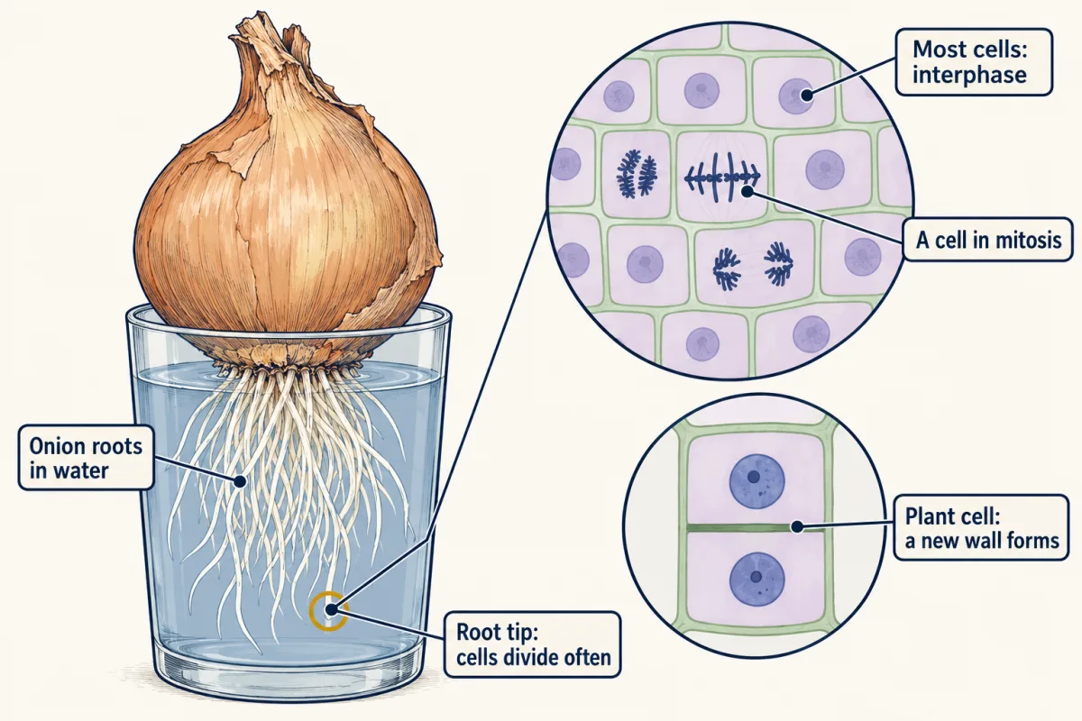 AI-generated illustration: an onion sitting on a glass of water with roots growing down. A zoom of a root tip shows boxy stained cells, most with a plain nucleus and a few with dark chromosomes; a second zoom shows one plant cell forming a new wall across its middle.