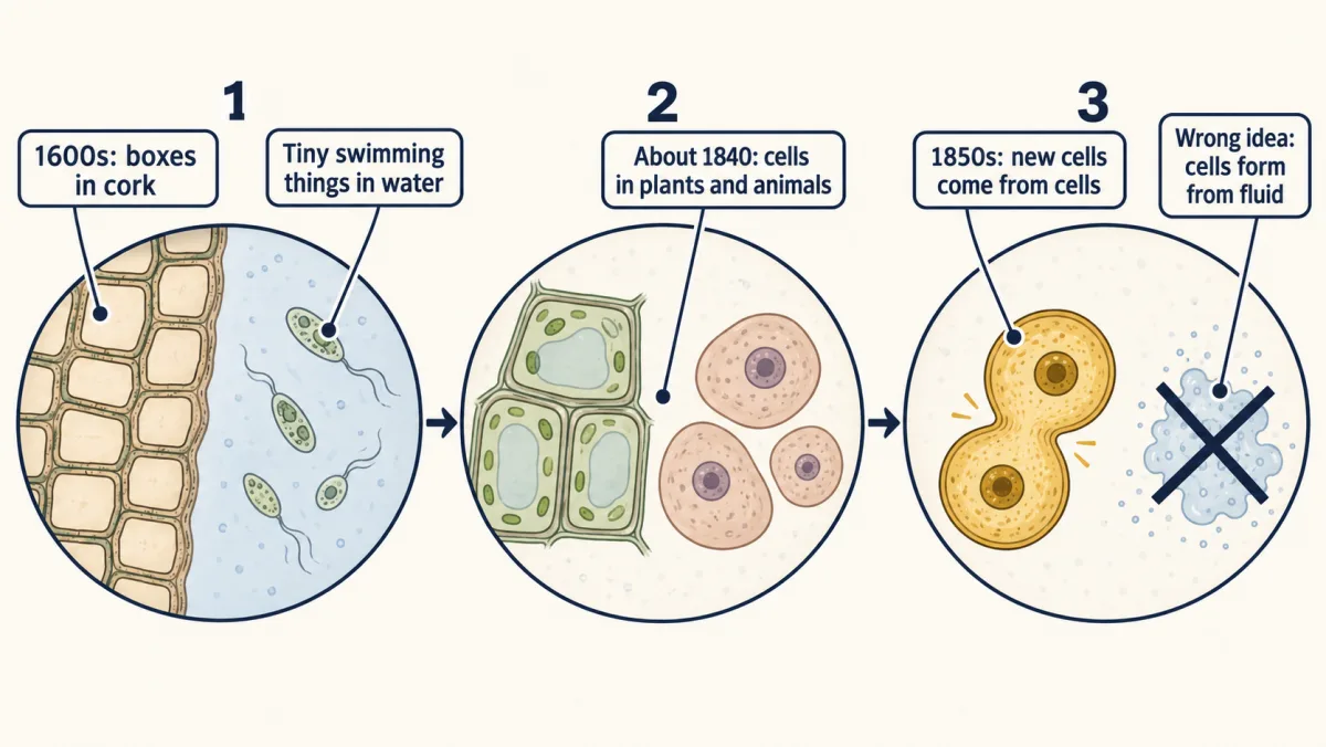 AI-generated illustration: three steps in a row. Empty boxes in a slice of cork and tiny swimming things in water; cells found in both a plant and an animal; and one cell dividing into two, next to a crossed-out picture of a cell forming in clear fluid.
