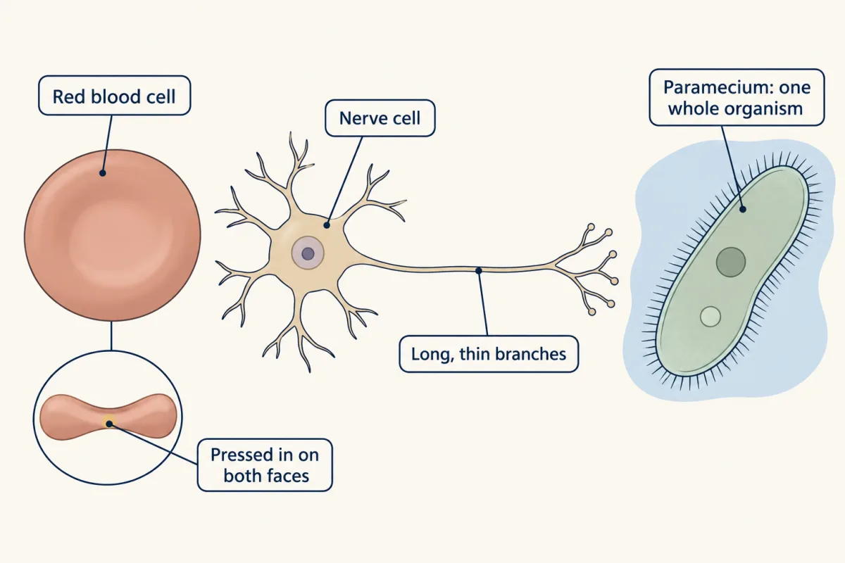 AI-generated illustration: three different cells side by side. A red blood cell is a disc that is thinner in the middle, shown face-on and edge-on; a nerve cell has a round body and one long thin branch; a slipper-shaped Paramecium, fringed with tiny hairs, is a whole living thing made of one cell.