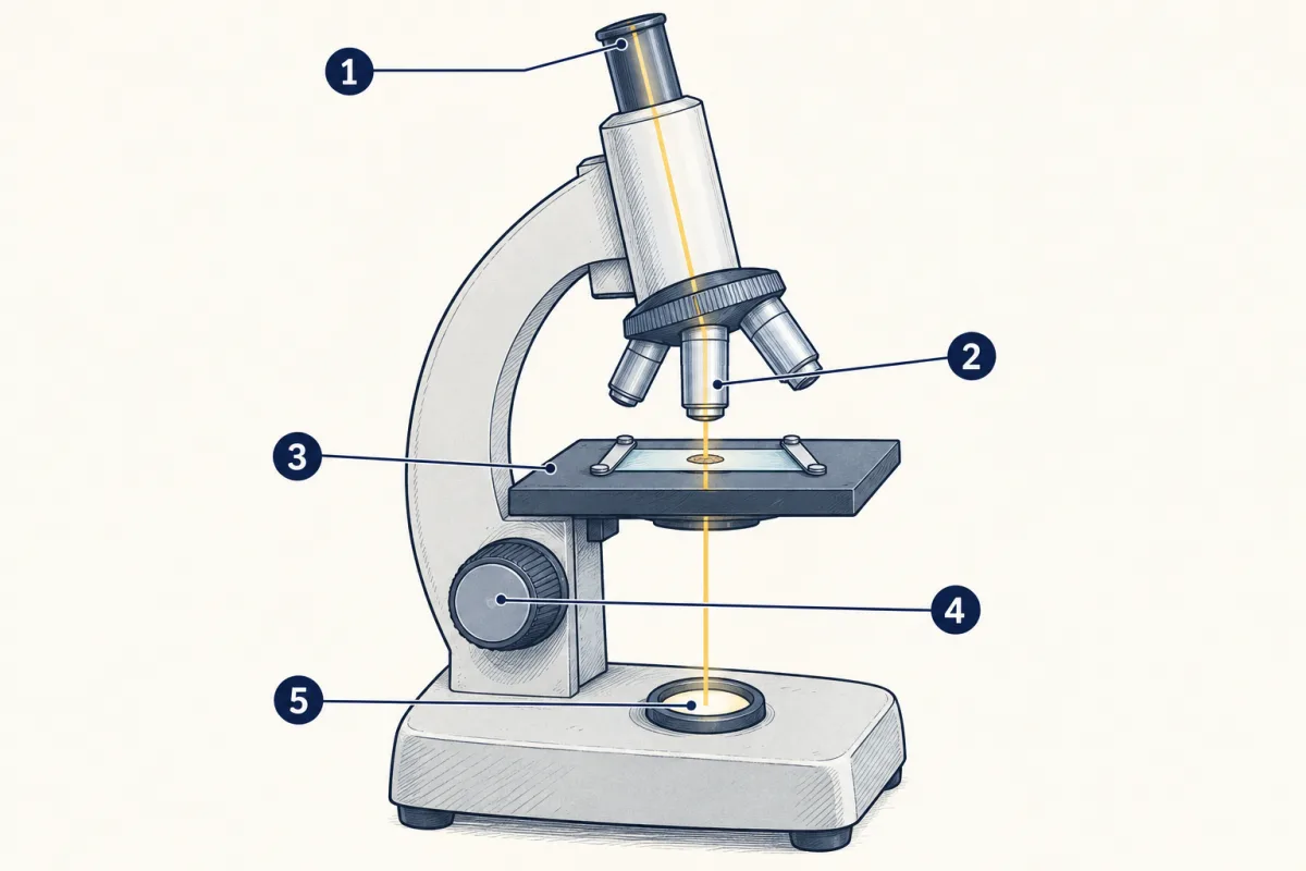 AI-generated illustration: a school light microscope seen from the side, with a thin line of light running up from a lamp in the base, through a slide on the stage, to the eyepiece at the top. Five numbered circles mark parts for the student to name.
