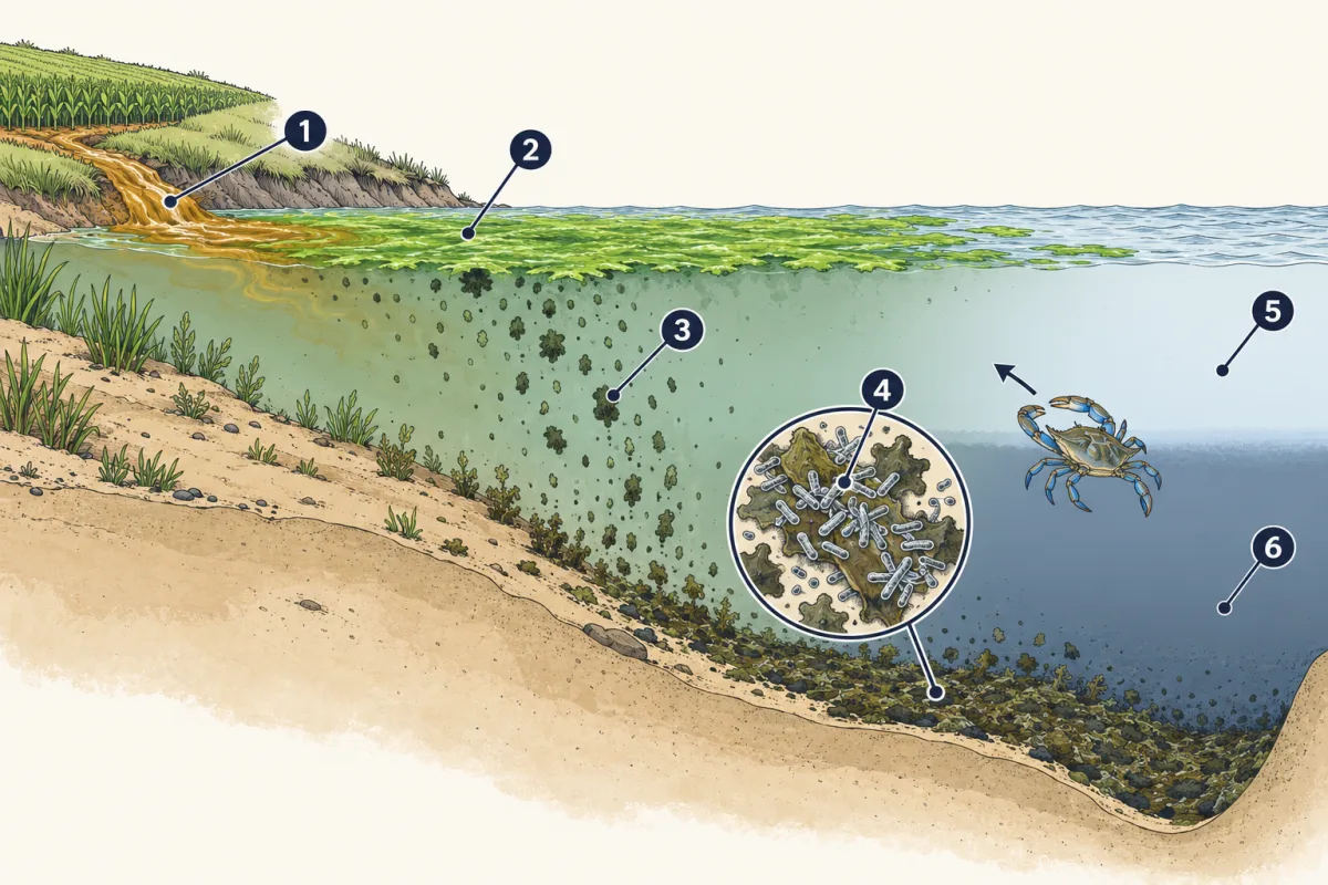 AI-generated illustration: a side cut-away from a farm field to the Bay's deep channel. Runoff flows off the field, a thick green layer of algae covers the surface, dead algae sink, bacteria cover them on the bottom, a pale fresh layer floats over dark bottom water, and a blue crab swims out of the dark water. Six numbered circles mark the steps.