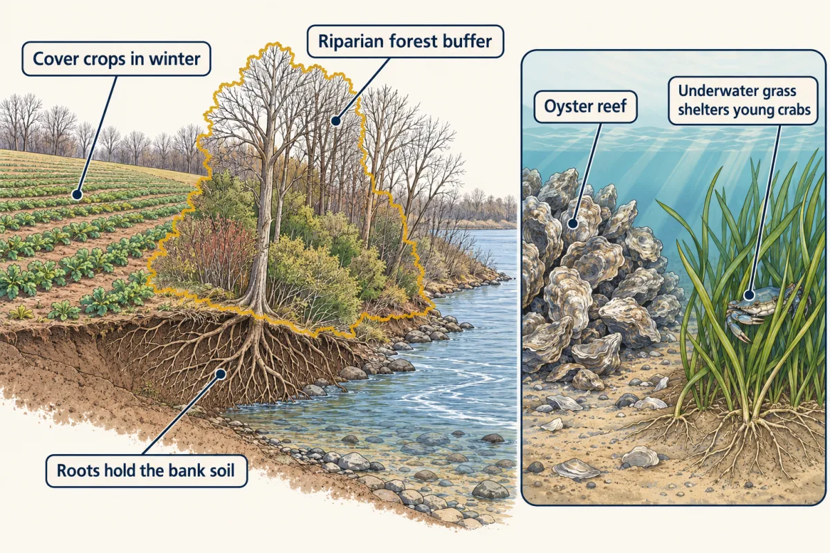 AI-generated illustration: a winter field covered with low green cover crops slopes to a stream lined by a strip of trees and shrubs whose roots grip the bank. An inset shows a shallow Bay bottom with an oyster reef and a bed of underwater grass where a young blue crab hides.