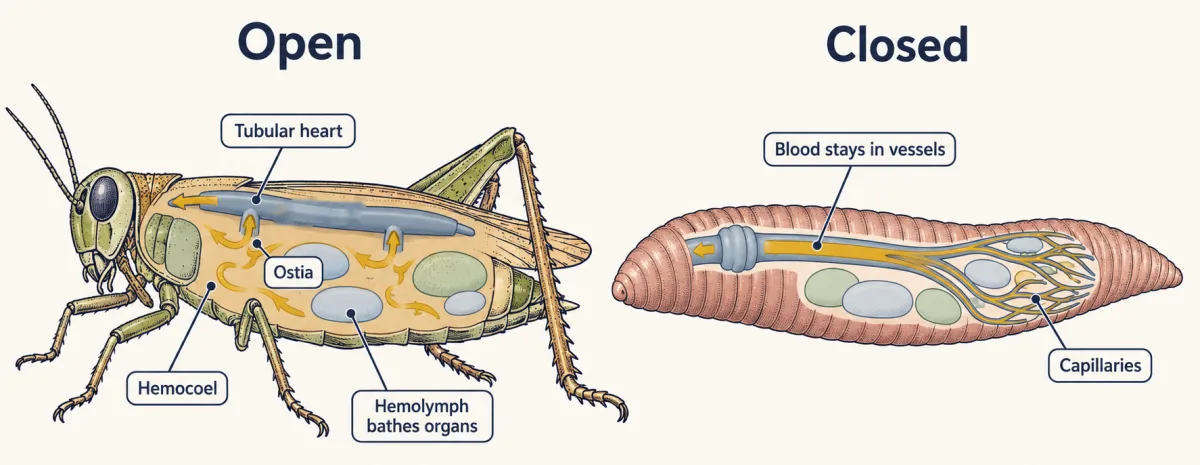 AI-generated illustration: two panels. On the left, a grasshopper with a tubular heart along its back and a shaded body space in which gold fluid bathes simple organ blocks. On the right, an earthworm whose gold blood runs only inside vessels, ending in fine capillaries beside organ blocks.