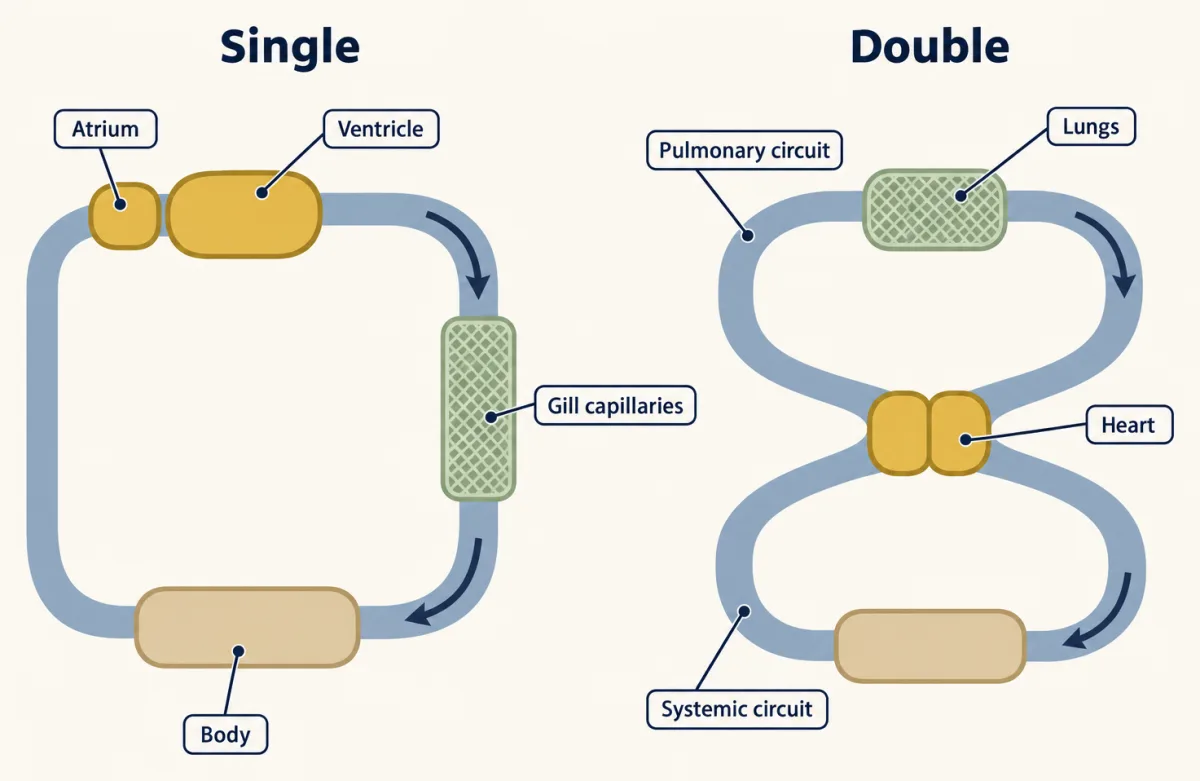 AI-generated illustration: two flat loop diagrams. On the left, a single loop passes from an atrium to a ventricle, then through gill capillaries to the body and back. On the right, a figure-eight shares one heart block, with a pulmonary circuit through the lungs and a systemic circuit through the body.