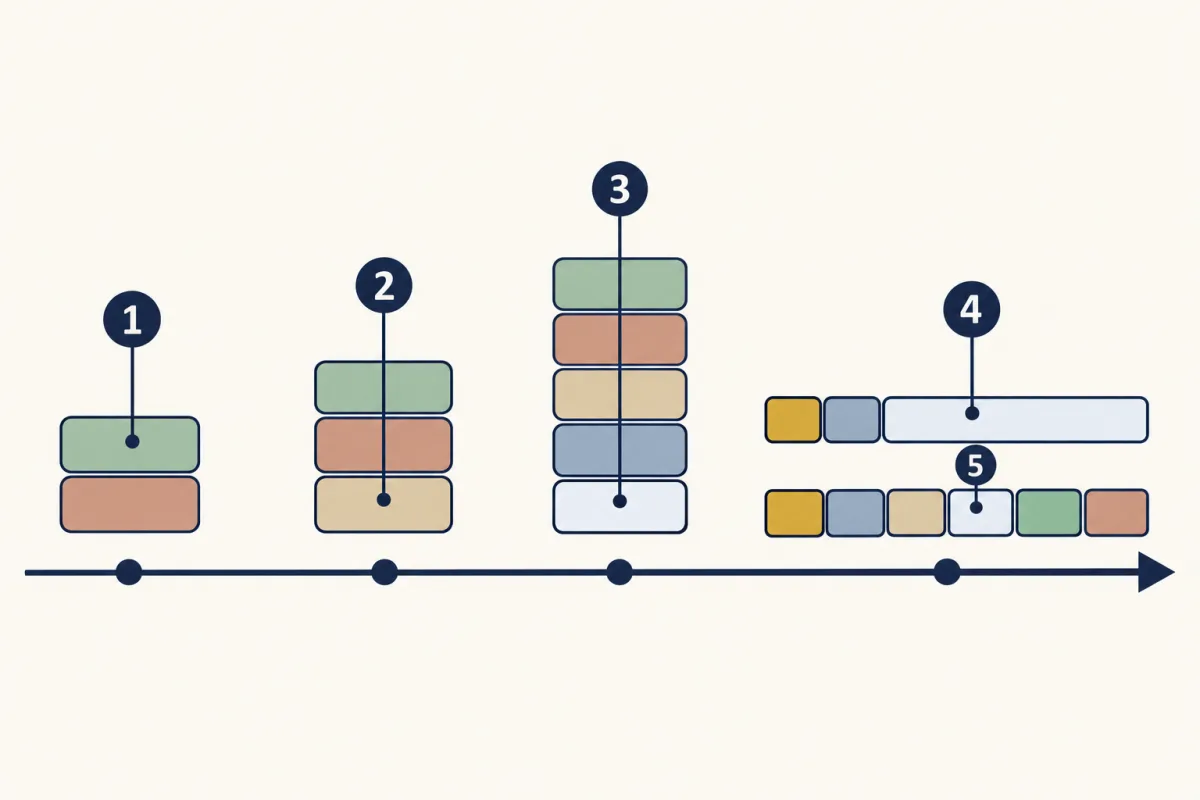 AI-generated illustration: a time arrow with four stops of coloured blocks, growing from two blocks to three to five, and ending with six small blocks grouped under three wide bands. Five numbered circles point to the stops and to the bands and blocks at the end.