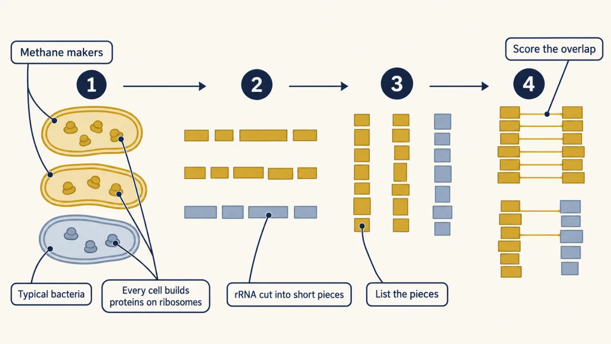 AI-generated illustration: four steps from left to right. Two methane-making cells and one typical bacterium each hold ribosomes; their rRNA is cut into short pieces, the pieces from each are listed in a column, and the two methane makers' lists share many pieces while a methane maker and the bacterium share few.