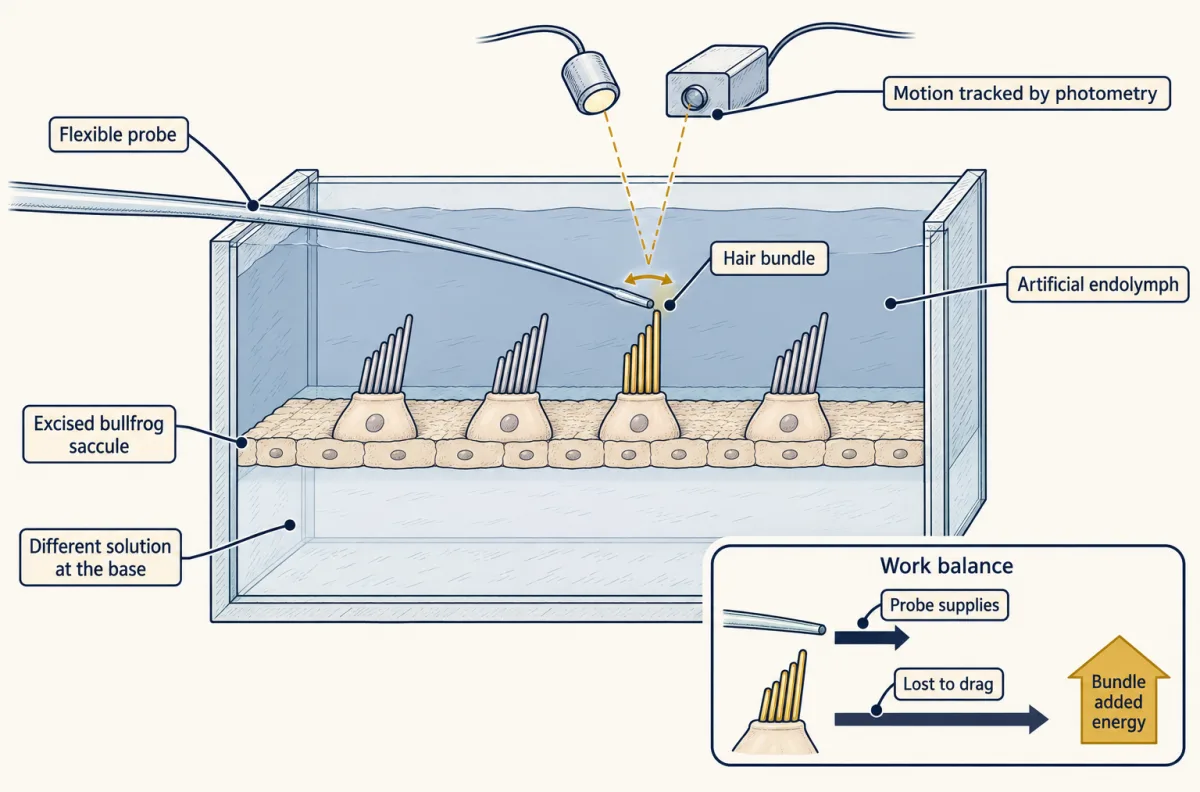 AI-generated illustration: cutaway of a two-compartment chamber with a thin sheet of bullfrog saccular epithelium across the middle, endolymph-like fluid above and a different solution below, a flexible probe touching one hair bundle and a light path tracking it. An inset compares the small energy the probe supplies with the larger energy lost to drag.