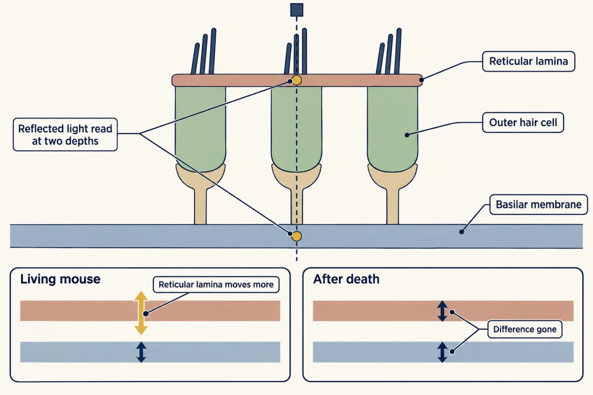 AI-generated illustration: a block cross-section of the organ of Corti with a basilar membrane at the bottom, three outer hair cells standing on it and a reticular lamina across their tops, with a light beam read at both layers. Two insets compare a living mouse, where the reticular lamina moves more, with after death, where the two move equally.