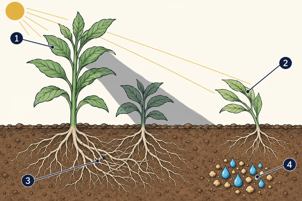 AI-generated illustration: a cut-away garden bed with a tall plant shading a shorter neighbour, a third plant leaning its leaves toward the light, and below ground the roots of all three spreading into the same soil, which holds water droplets and mineral grains. Four numbered circles mark parts for the student to name.
