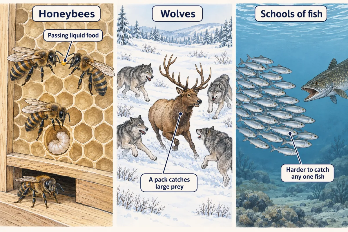 AI-generated illustration: three panels. Worker honeybees on comb pass a drop of liquid food, tend a larva and guard the entrance; a wolf pack runs together around an elk; a tight school of small fish swims close together as a larger fish approaches.