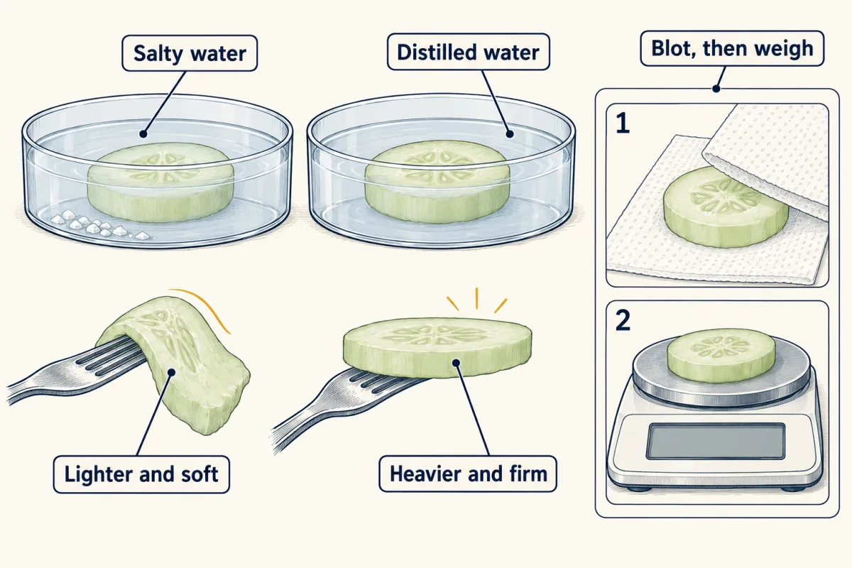 AI-generated illustration: two glass dishes, one of salty water and one of distilled water, each with a peeled cucumber slice; a small strip shows a slice being blotted and weighed; below, the slice from salty water droops while the other stays flat.