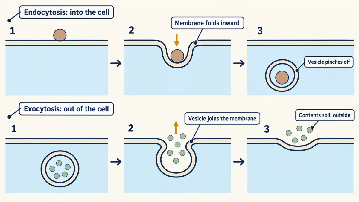AI-generated illustration: two rows of three frames. Top: a particle outside a cell membrane, the membrane folding around it, and a vesicle pinched off inside. Bottom: a vesicle inside the cell, the vesicle joining the membrane, and its contents spilling outside.