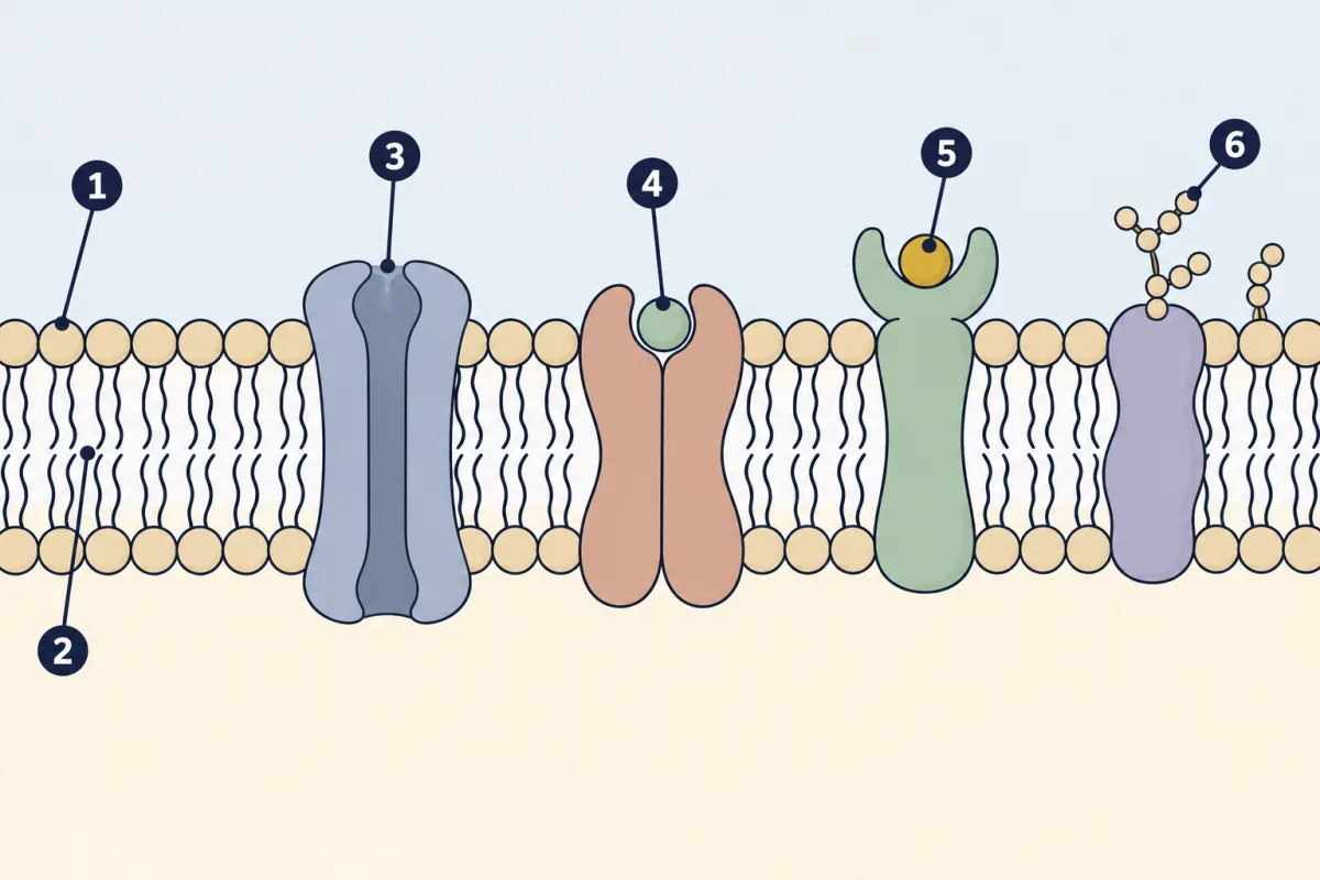 AI-generated illustration: a side view of a cell membrane as two rows of phospholipids with heads facing out and tails meeting in the middle, crossed by a tunnel-shaped protein, a protein holding a small cargo, and a cup-topped protein holding a signal, with branched bead chains on the outer surface. Six numbered circles mark parts for the student to name.
